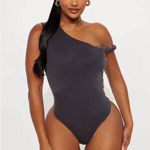 NEW One-Shoulder Grey Velvet Bodysuit